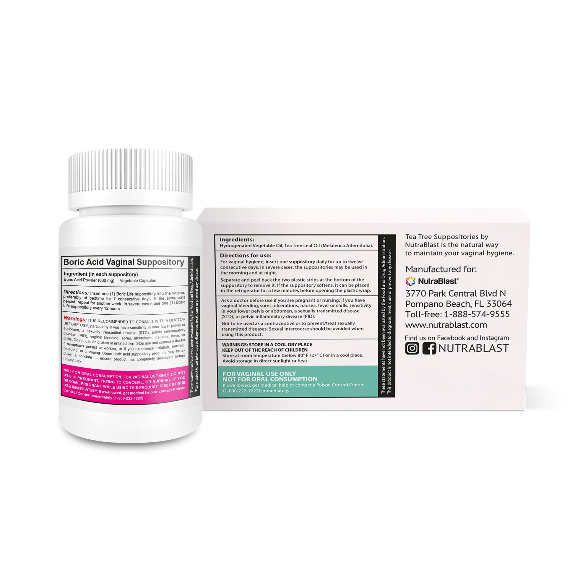 NutraBlast Boric Acid Suppositories 600mg (30 Count) Bundle with Tea Tree Oil Suppositories (12 Count) | All Natural Intimate Deodorant for Women | Restore Feminine pH Balance NutraBlastBuy Supplements Australia