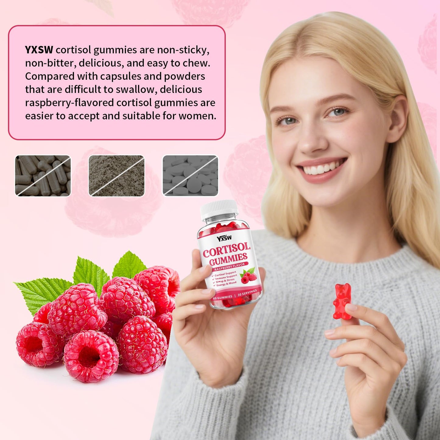 YXSW Cortisol Supplements Gummies for Women Sugar-Free Cortisol Gummies with Magnesium Glycinate Ashwagandha Rhodiola Rose for Relaxation, Focus, Zzz Support, Raspberry Flavor, 60 Count YXSWBuy Supplements Australia