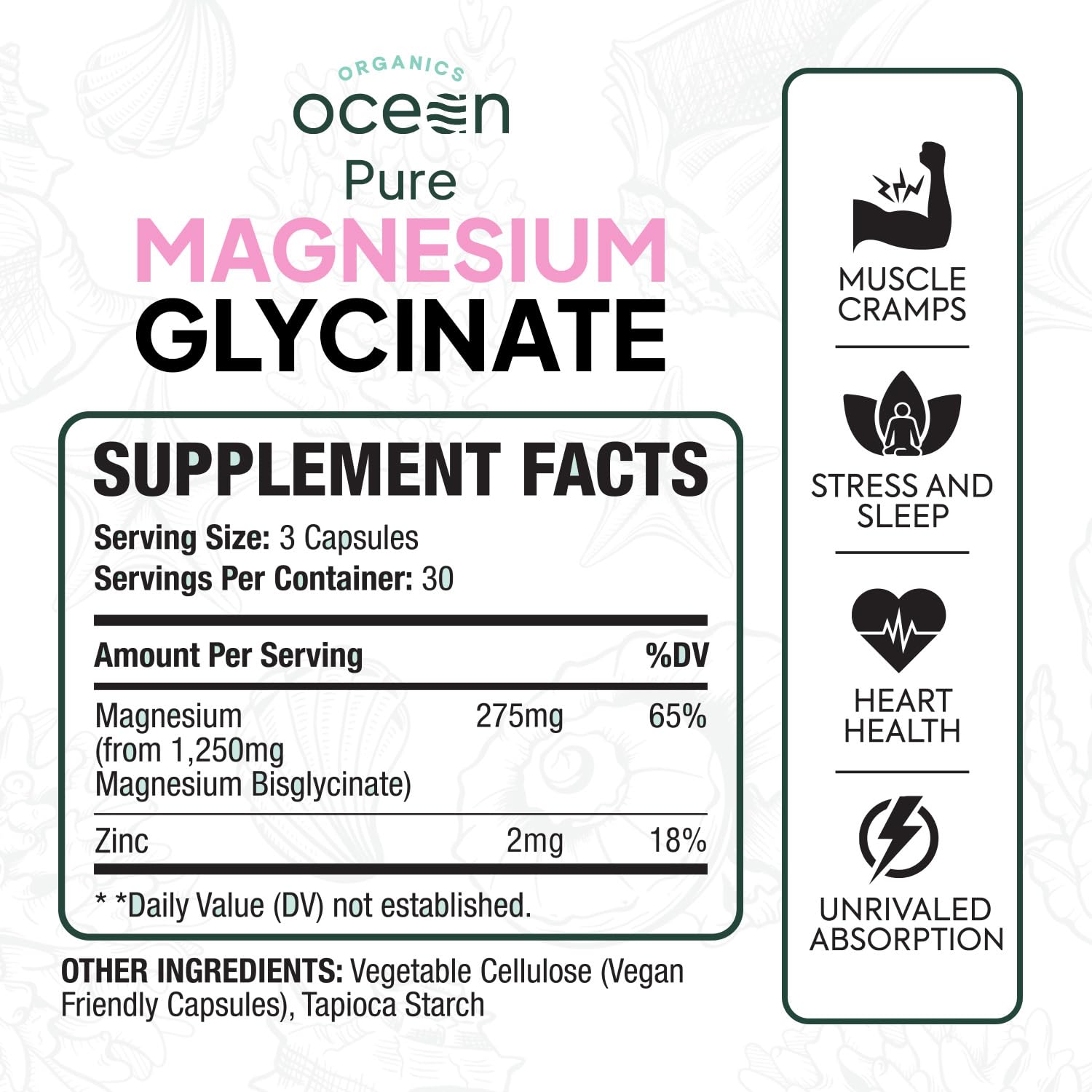 Organics Ocean Pure Magnesium Glycinate with Zinc - Maximum Strength Chelated Magnesium Supplement for Women and Men for Muscle Cramps and Sleep Support - 3 Bottles Organics OceanBuy Supplements Australia