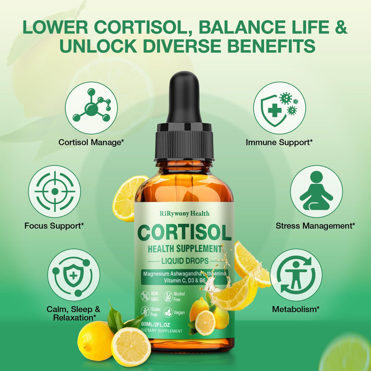 Cortisol Supplement for Women & Men - Cortisol Detox Reducer Magnesium Glycinate, Ashwagandha, L-Theanine, Phosphatidylserine - Hormone Balance for Calm Mood Focus Sleep (2 FL.OZ Lemon) RiRywony HealthBuy Supplements Australia