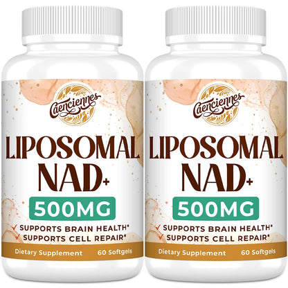 Two bottles of Liposomal NAD+ 500MG dietary supplements on a white background