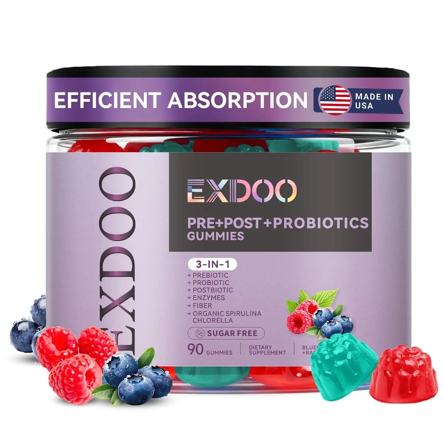 exdoo 3-in-1 Probiotic Gummies Prebiotic+Probiotic+Postbiotic with Organic Spirulina Chlorella Immune Gut & Digestive Support 90 Count exdooBuy Supplements Australia