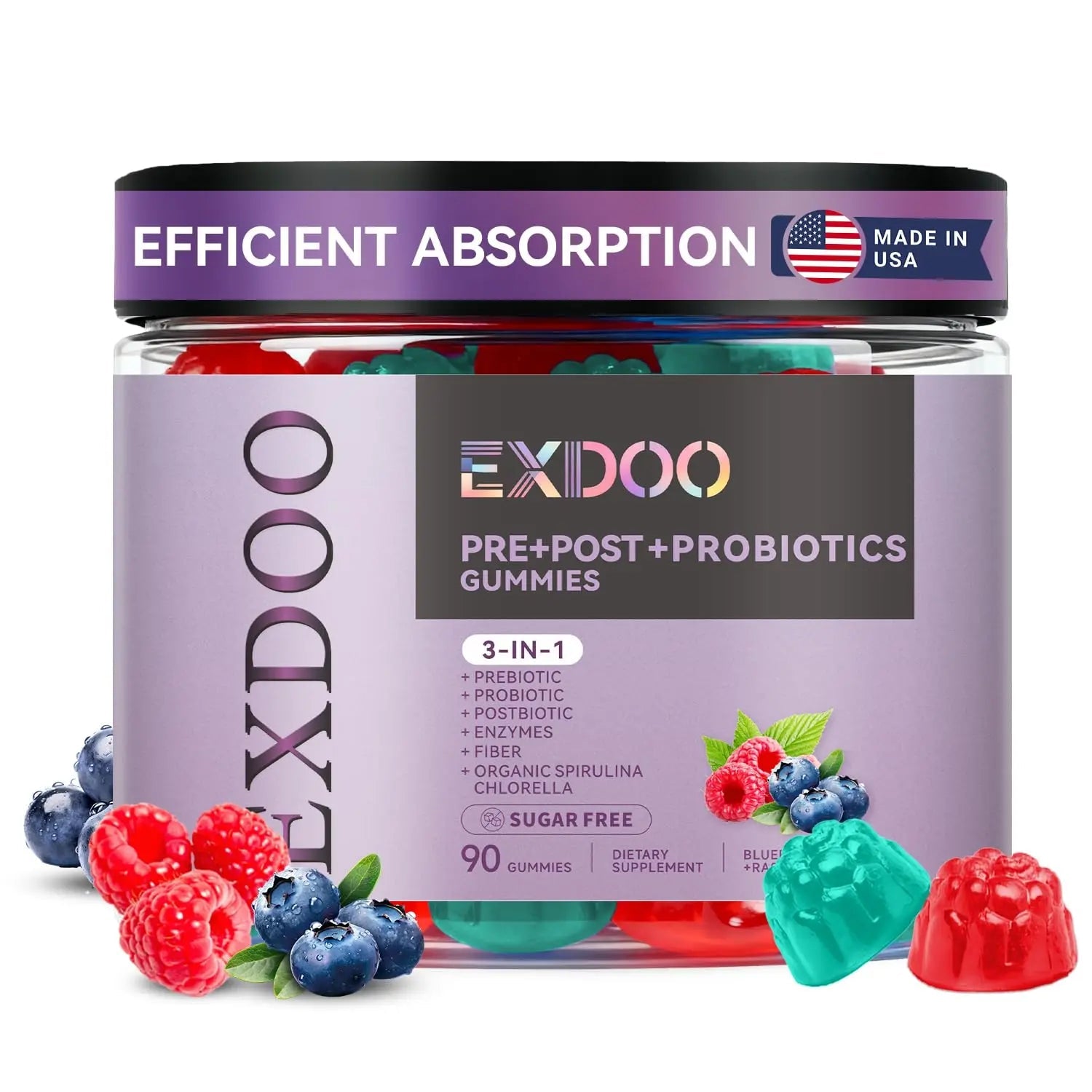 exdoo 3-in-1 Probiotic Gummies Prebiotic+Probiotic+Postbiotic with Organic Spirulina Chlorella Immune Gut & Digestive Support 90 Count exdooBuy Supplements Australia