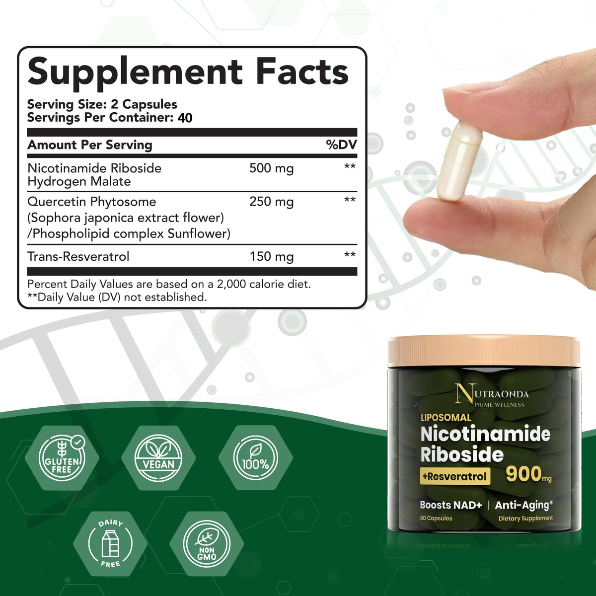 NUTRAONDA Liposomal Nicotinamide Riboside 900mg Resveratrol & Quercetin – NAD Supplement Plus for Anti Aging, Cellular Energy & Improve Health- 80 Capsules NUTRAONDABuy Supplements Australia