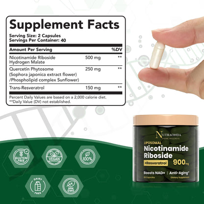 NUTRAONDA Liposomal Nicotinamide Riboside 900mg Resveratrol & Quercetin – NAD Supplement Plus for Anti Aging, Cellular Energy & Improve Health- 80 Capsules NUTRAONDABuy Supplements Australia