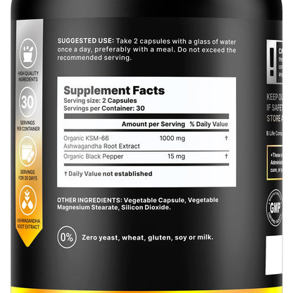 Organic Ashwagandha KSM-66 1000 mg Supplement | Adaptogen for Cortisol Support & Stress Relief | Mood, Calm & Sleep Aid for Men & Women | Ashwagandha ritual vitamins for women | 60 Vegan Caps B Life CompanyBuy Supplements Australia