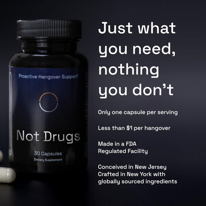 Not Drugs Proactive Hangover Support that Actually Works | Effective, Affordable & Backed by Science | 30 Capsules | 30 Doses | L-Cysteine, Vitamin B6, Vitamin C Not DrugsBuy Supplements Australia