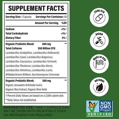 Probiotics for Women & Men, 200 Billion CFU 12 Strains with 3 Organic Prebiotics and Probiotics for Digestive Health Gut, Immune, Bloating & Gas, Energy, Overall Health, Shelf Stable - 2 Month Supply CfufulBuy Supplements Australia