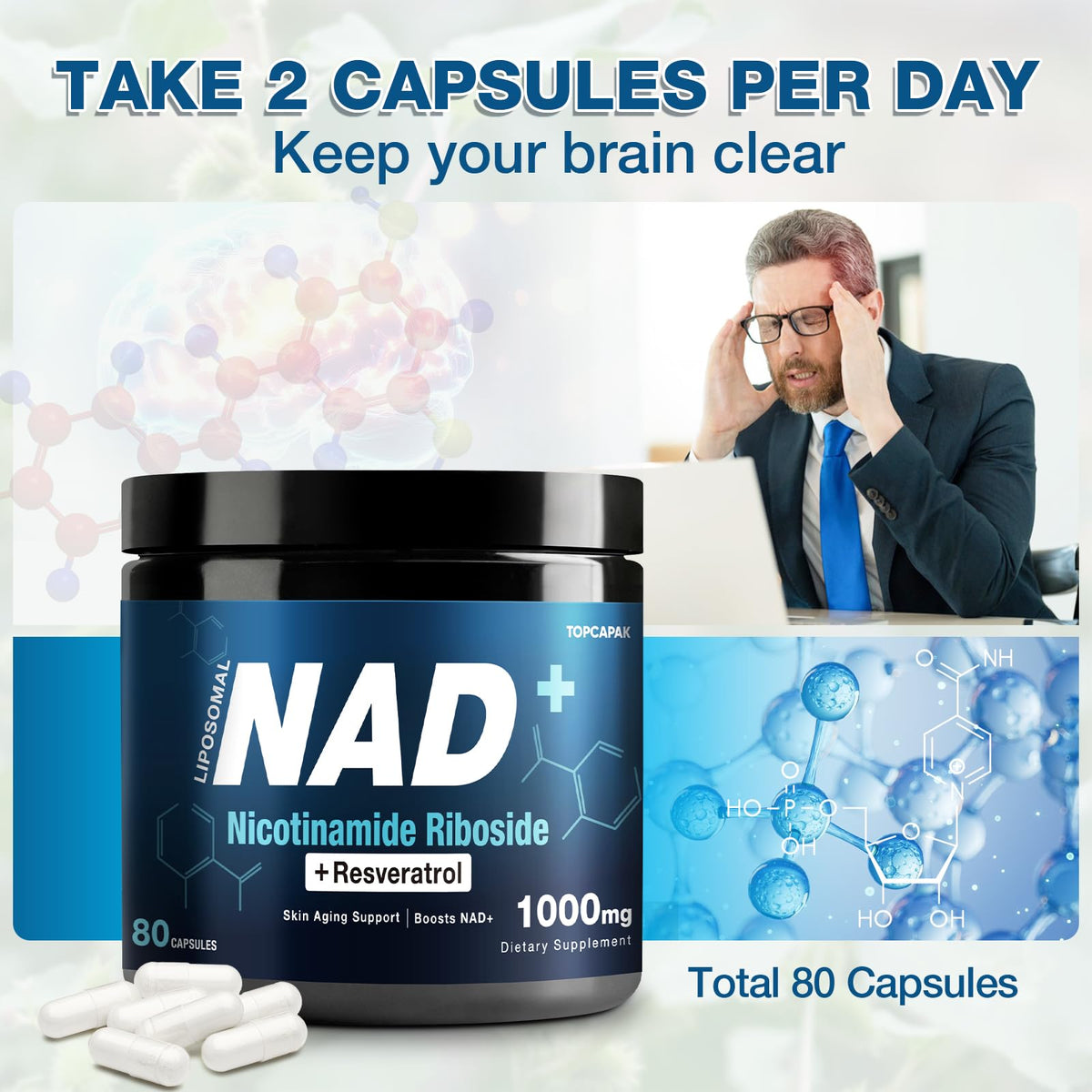 NAD+ Supplement 1000mg - Nicotinamide Riboside (NR) and Resveratrol, Liposomal NAD of Pure Organic Ingredients for Women & Men Healthy Aging, Brain and Cellular Energy, 80 Capsules TOPCAPAKBuy Supplements Australia