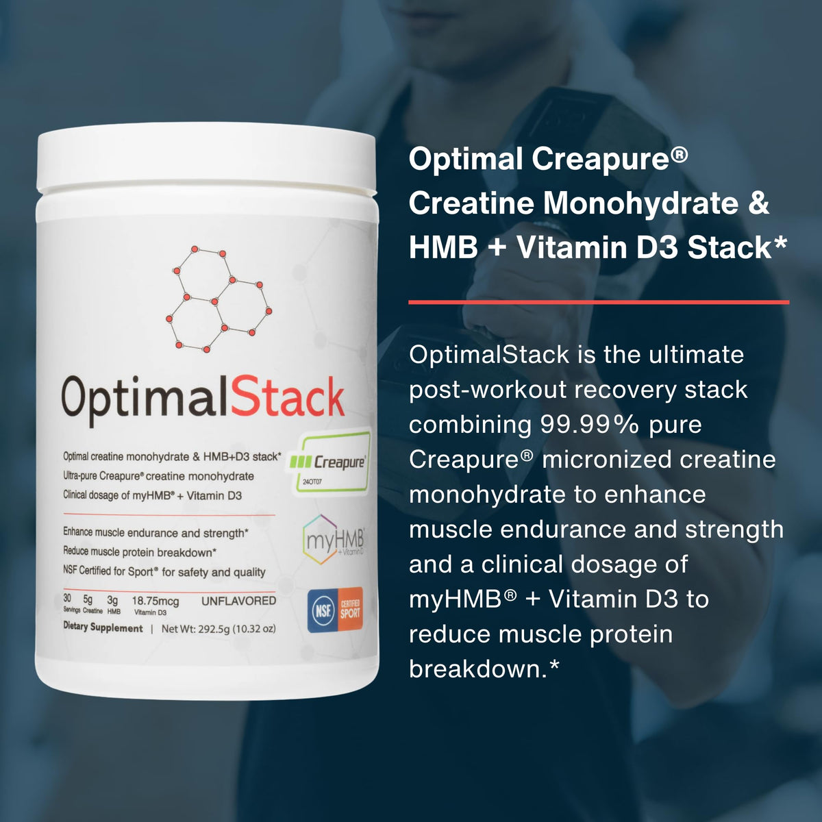 OptimalStack Creatine Monohydrate, HMB, & Vitamin D3 Stack | with Creapure Creatine, Clinical Dosage of myHMB, and Vitamin D3 | NSF for Sport Certified | Unflavored, 30 Servings OptimalAminoBuy Supplements Australia