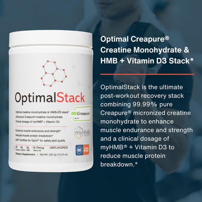 OptimalStack Creatine Monohydrate, HMB, & Vitamin D3 Stack | with Creapure Creatine, Clinical Dosage of myHMB, and Vitamin D3 | NSF for Sport Certified | Unflavored, 30 Servings OptimalAminoBuy Supplements Australia