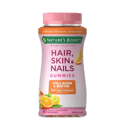 Nature's Bounty Optimal Solutions Hair, Skin & Nails with Biotin and Collagen, Citrus-Flavored Gummies Vitamin Supplement, 2500 mcg, 80 Ct, 40 Total Servings Nature's BountyBuy Supplements Australia