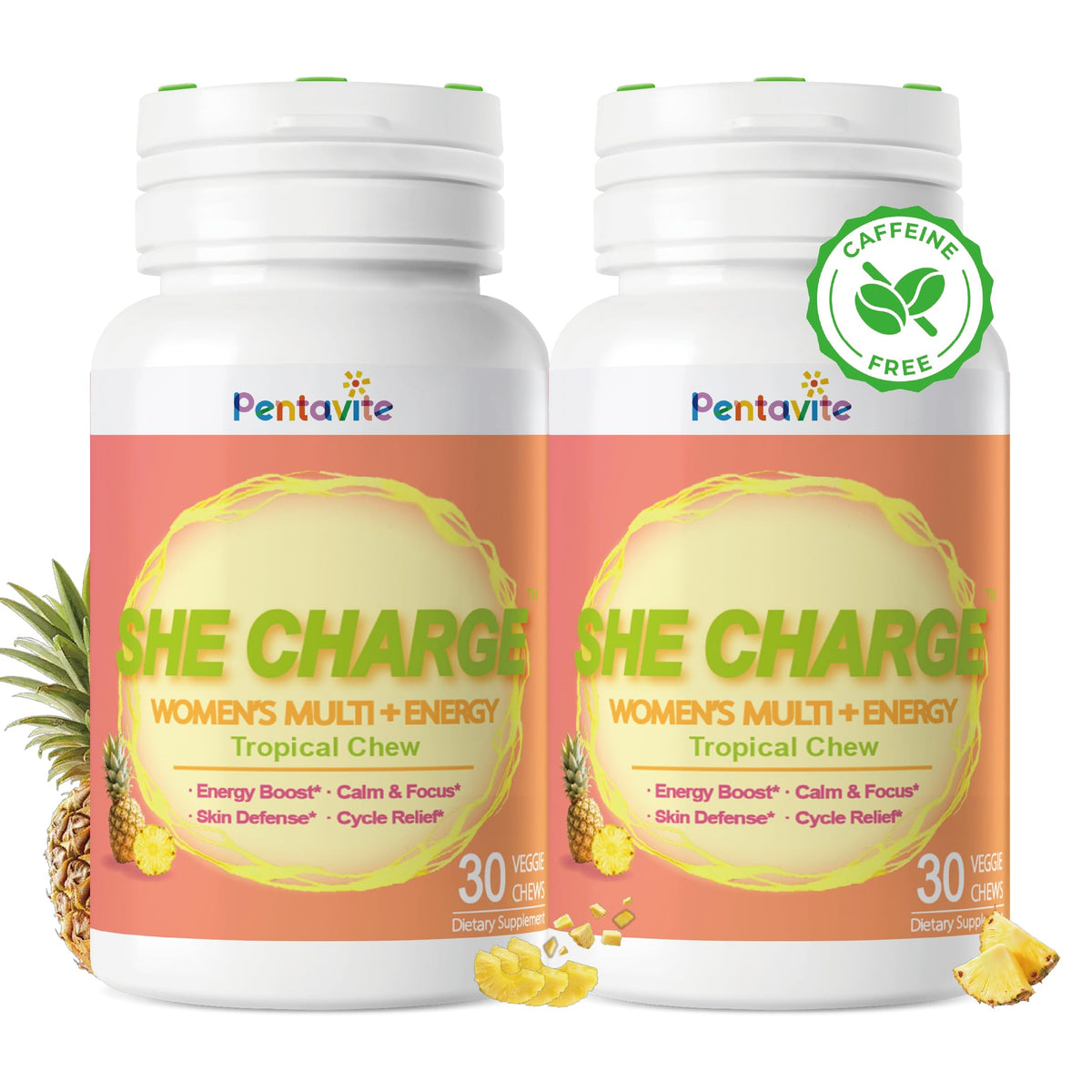 Pentavite She Charge Multivitamin for Women, Pineapple Tropical Chew, Daily Vitamin Supplements with Folate, Support Energy, Calm & Focus, Skin Defense and Cycle PentaviteBuy Supplements Australia