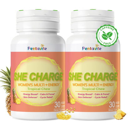 Pentavite She Charge Multivitamin for Women, Pineapple Tropical Chew, Daily Vitamin Supplements with Folate, Support Energy, Calm & Focus, Skin Defense and Cycle PentaviteBuy Supplements Australia