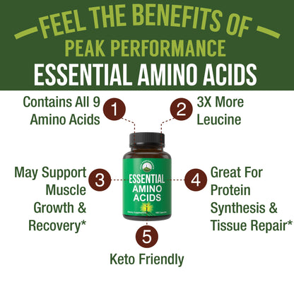 All 9 Essential Amino Acids Supplement. Capsules with 3X More Leucine for Muscle Recovery, Growth. EAA Supplement Better Than BCAA / BCAAS Branched Chain Aminos Acid. Peak Performance canada supplements