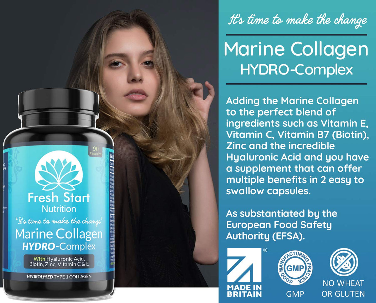 Marine Collagen Tablets 1000mg - 90 Premium Type 1 Hydrolysed Collagen Capsules with Hyaluronic Acid Fresh Start NutritionBuy Supplements Australia
