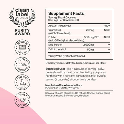 Myo-Inositol & D-Chiro Inositol Capsules with MTHF, Folate, Vitamin D| Support for Ovarian Function, Hormone Balance, & Homocysteine Levels | Fertility Supplements for Women | 40:1 Ratio Wholesome StoryBuy Supplements Australia