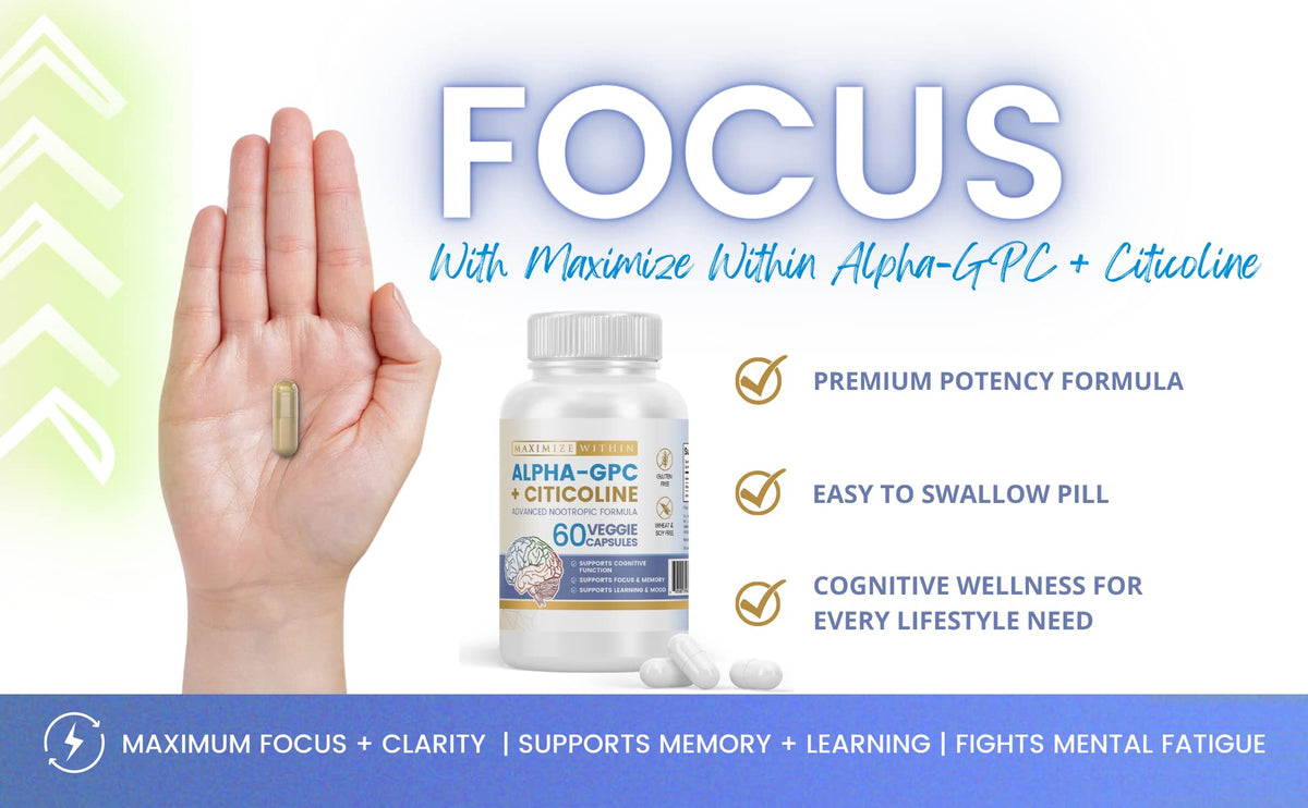 Maximize Within Alpha GPC + Citicoline 60 Ct, 1600mg Concentrated Formula- 99%+Highly Purified & Bioavailable Nootropic-Cognitive Enhancer, Supports Memory, Brain Function, Boosts Focus, Mood & Energy Maximize WithinBuy Supplements Australia
