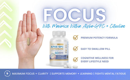 Maximize Within Alpha GPC + Citicoline 60 Ct, 1600mg Concentrated Formula- 99%+Highly Purified & Bioavailable Nootropic-Cognitive Enhancer, Supports Memory, Brain Function, Boosts Focus, Mood & Energy Maximize WithinBuy Supplements Australia