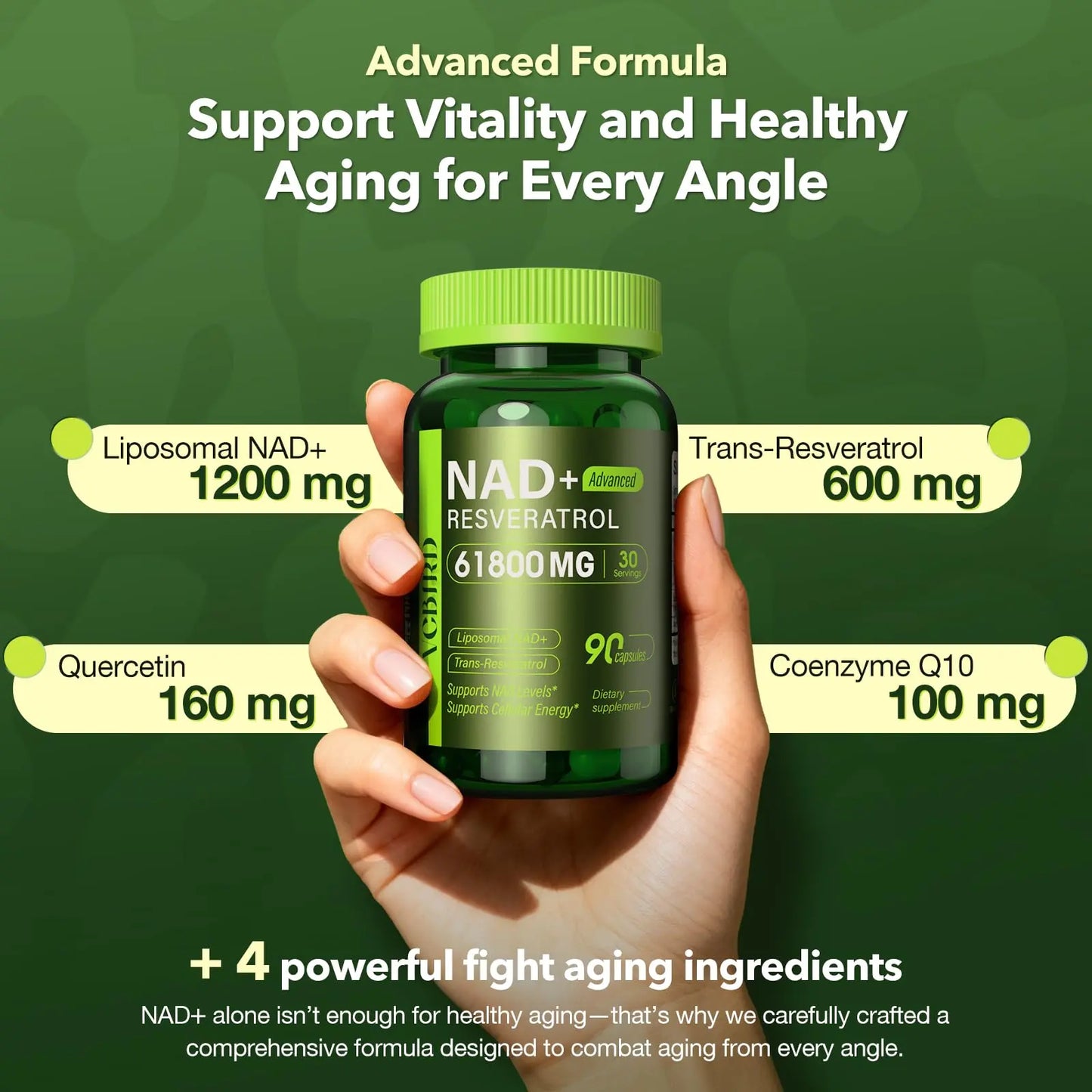 Nad Resveratrol Supplement 61800mg Per Bottle – Liposomal Nad+ Resveratrol for Women & Men – High Purity 1200mg Nad+ Supplement for Energy & Healthy Aging, Resveratrol, Quercetin, CoQ10 – 90 Counts VCBIRDBuy Supplements Australia