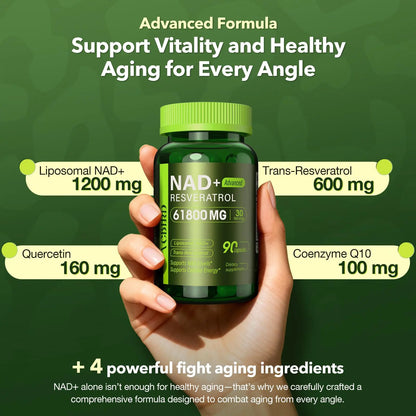 Nad Resveratrol Supplement 61800mg Per Bottle – Liposomal Nad+ Resveratrol for Women & Men – High Purity 1200mg Nad+ Supplement for Energy & Healthy Aging, Resveratrol, Quercetin, CoQ10 – 90 Counts VCBIRDBuy Supplements Australia