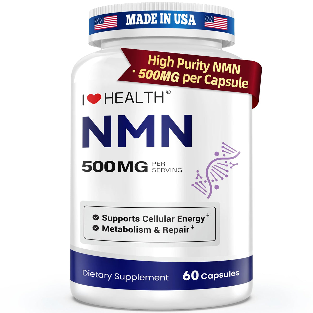 Supplement bottle labeled 'I Love Health NMN 500MG' on a white background