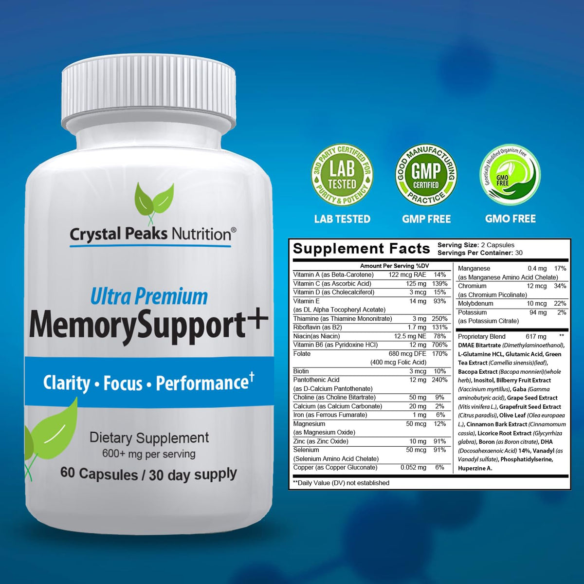 Memory Boost + Brain Support Supplement – Nootropic for Focus, Concentration, Memory. Enhanced Energy, Recall and Alertness - 60 Capsules/30-day Supply. CRYSTAL PEAKS NUTRITION buy supplements Au