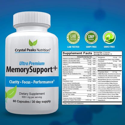 Memory Boost + Brain Support Supplement – Nootropic for Focus, Concentration, Memory. Enhanced Energy, Recall and Alertness - 60 Capsules/30-day Supply. CRYSTAL PEAKS NUTRITION buy supplements Au
