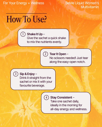 BeMe Liquid Multivitamins for Women - Advanced Liquid Delivery System with 13 Vitamins & Minerals - Tear & Go Sachets, Non-GMO, Orange Flavor (15 Sachets) BeMeBuy Supplements Australia