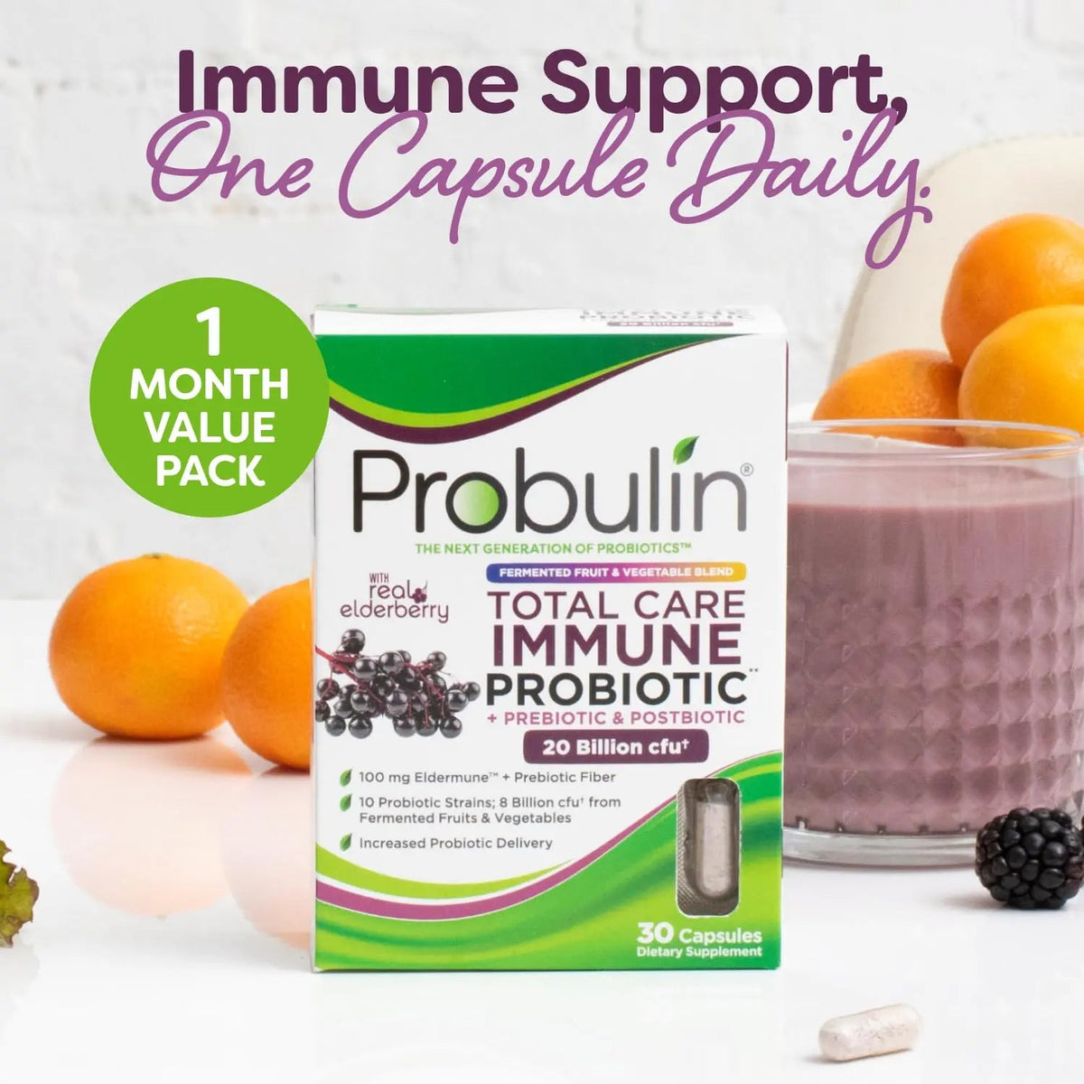 Probulin Total Care Immune = Prebiotics + Probiotics + Postbiotics + Elderberry to Support Immune & Gut Health - 20 Billion CFU - 10 Probiotic Strains, 30 Vegan Capsules ProbulinBuy Supplements Australia