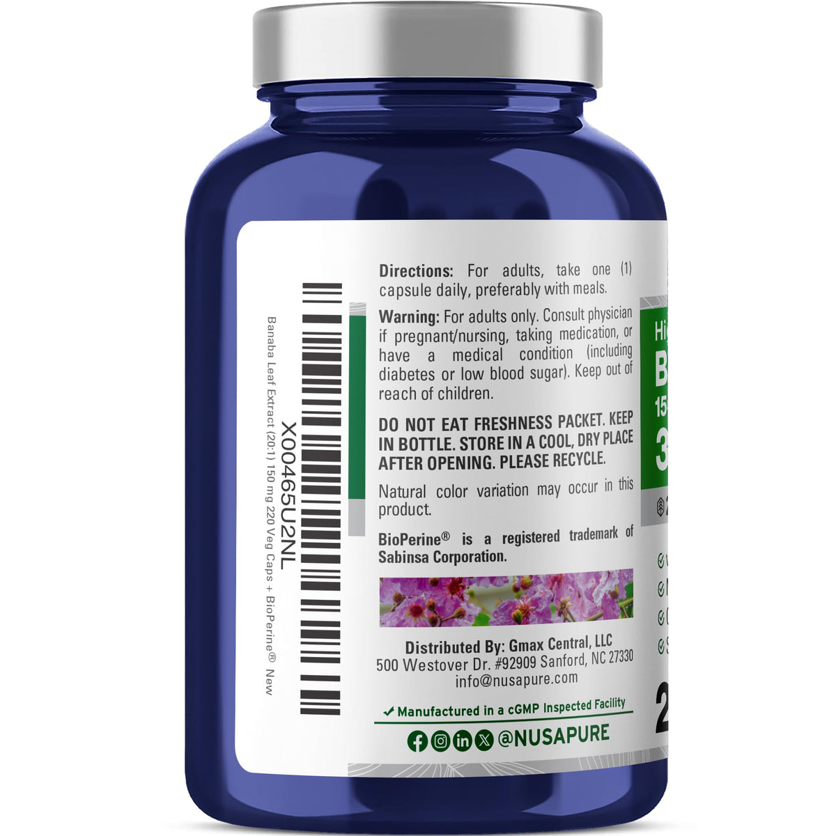 NusaPure Banaba Leaf 20:1 Extract, 150 mg Equivalent to 3,000mg Veg Caps, 220 Days Supply (Non-GMO & Vegan) 2% Corosolic Acid NusaPureBuy Supplements Australia