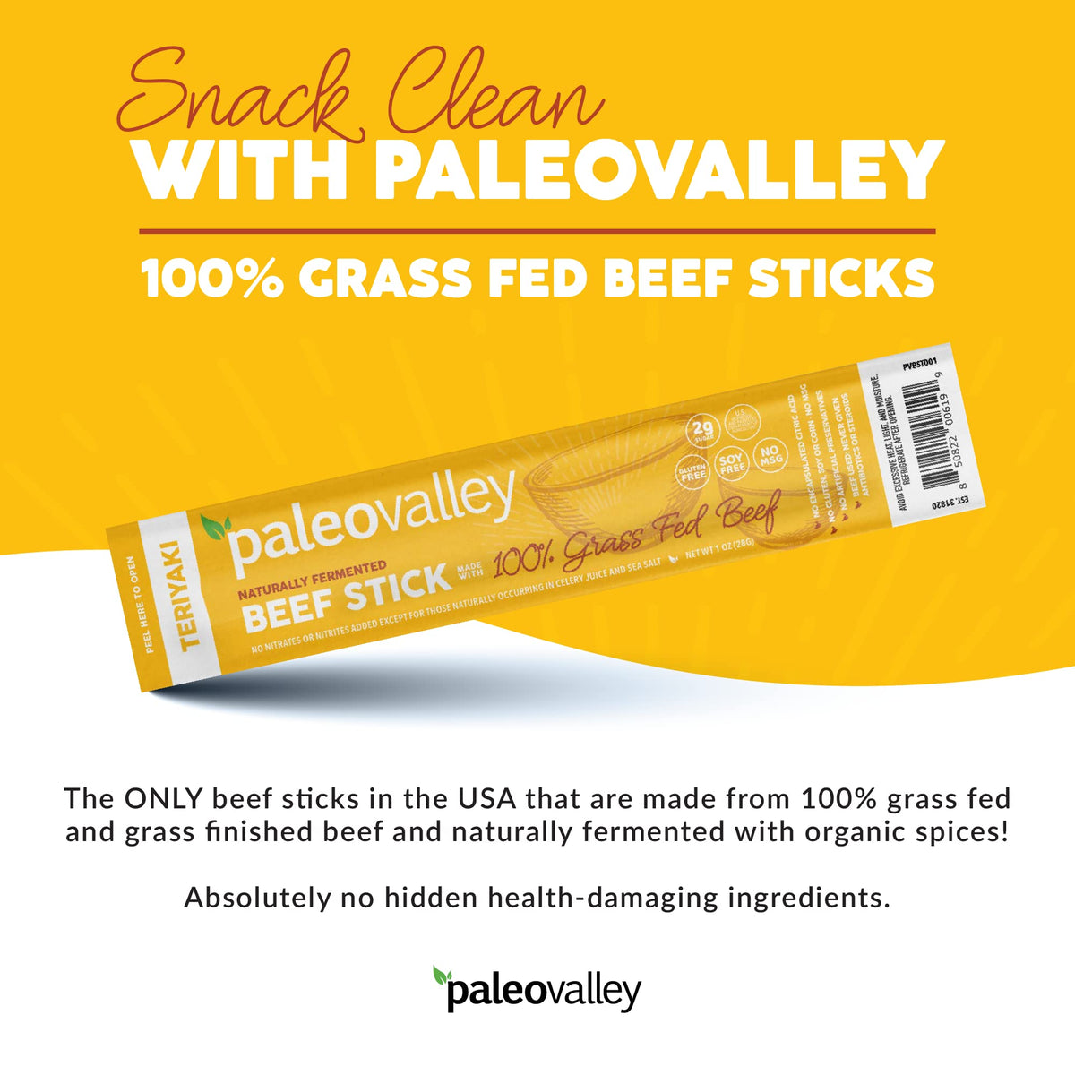 Paleovalley 100% Grass Fed Teriyaki Beef Sticks - Delicious Gluten Free Beef Snack - High Protein Keto Friendly PaleovalleyBuy Supplements Australia