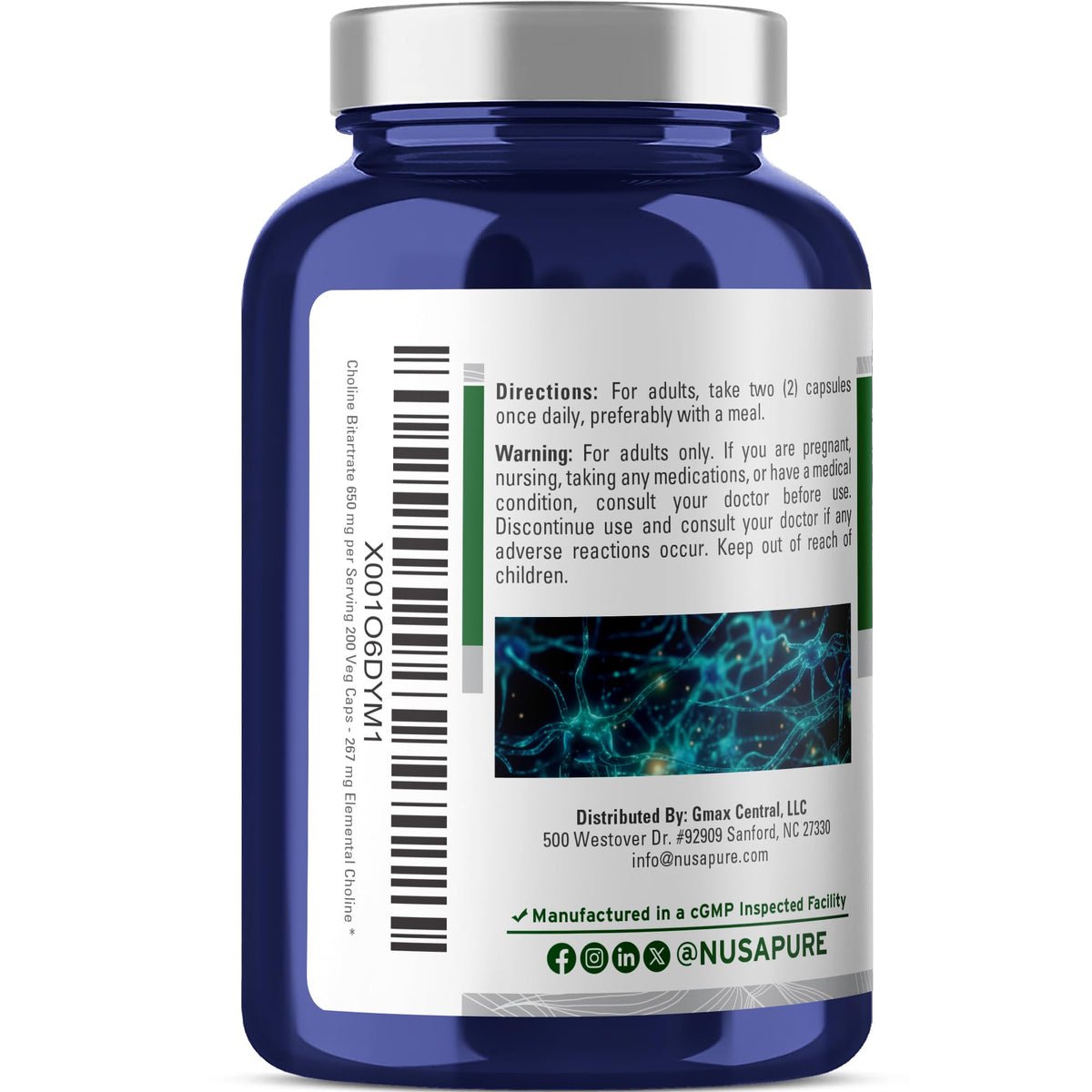 NusaPure Choline Bitartrate - Suitable for Vegetarian/Vegan, Non - GMO - 650 mg 200 Capsules NusaPureBuy Supplements Australia