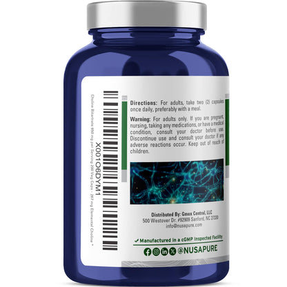 NusaPure Choline Bitartrate - Suitable for Vegetarian/Vegan, Non - GMO - 650 mg 200 Capsules NusaPureBuy Supplements Australia