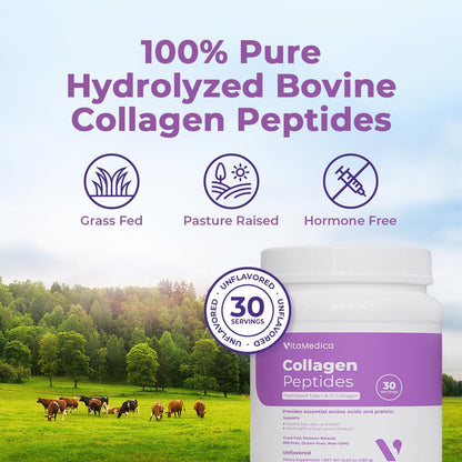 VitaMedica Collagen Peptides Powder for Women & Men - Healthy Hair, Skin, Nails, Bones and Joints - Hydrolyzed Types I & III, Grass-Fed, Pasture-Raised Protein, Zero Sugar - 30 Servings VitaMedicaBuy Supplements Australia