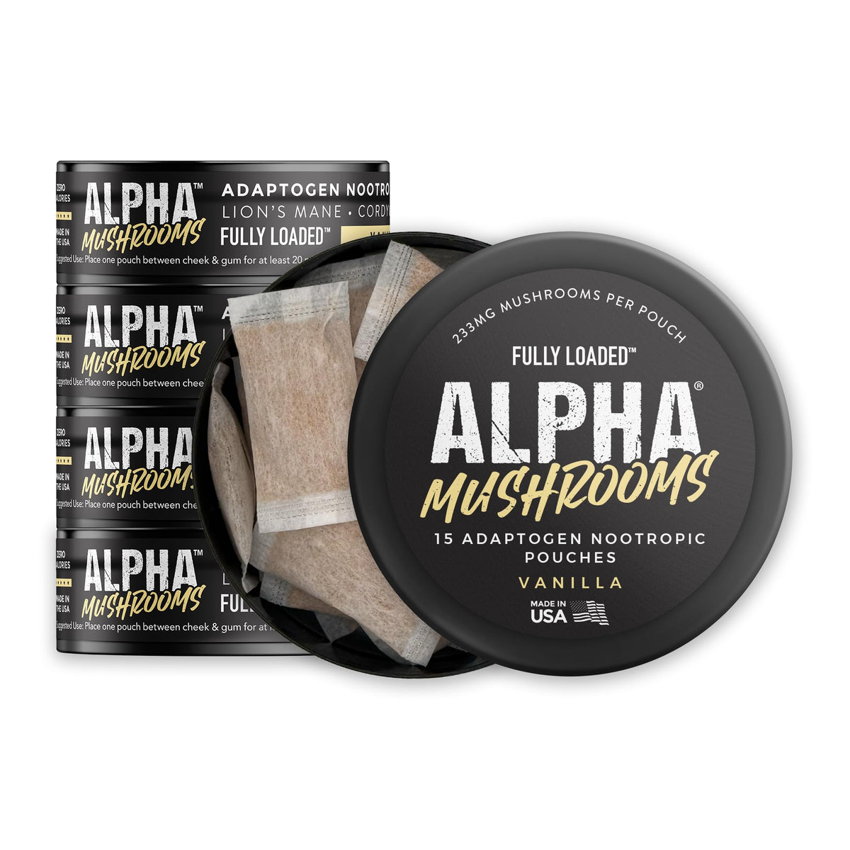 Fully Loaded Alpha Mushroom Pouches - Adaptogen Nootropic Pouches (5-Pack, Vanilla) - Lion's Mane, Cordyceps, & Chaga - 5 cans, 15 Pouches per can - Functional Mushrooms - Made in the USA Fully Loaded BullseyeBuy Supplements Australia