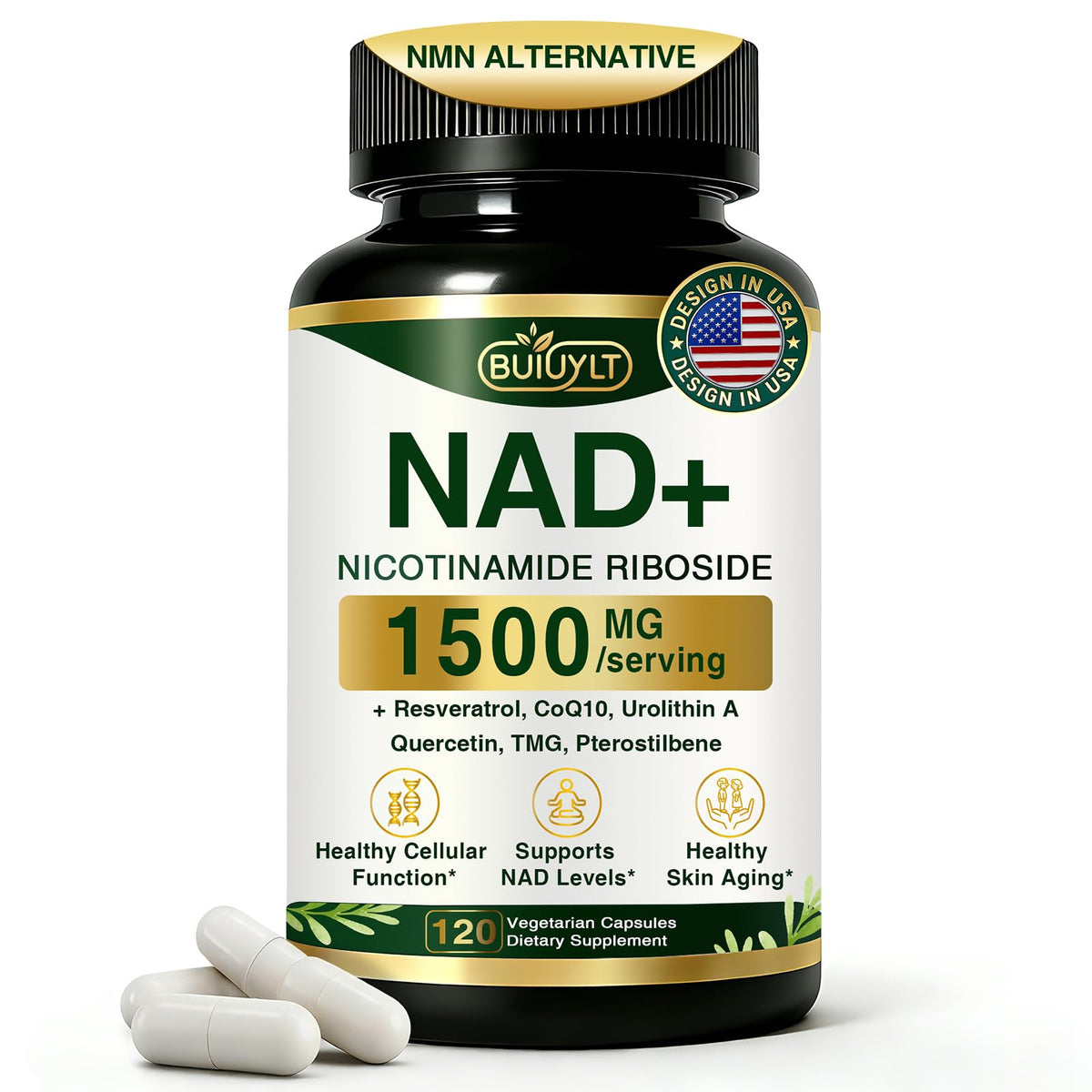 BUIUYLT NAD+ Supplement 1500mg, NR NMN Replacement with Resveratrol, Urolithin A, CoQ10 & Quercetin for Cellular Energy, Healthy Aging & Stamina for Women & Men - 120 Capsules BUIUYLTBuy Supplements Australia