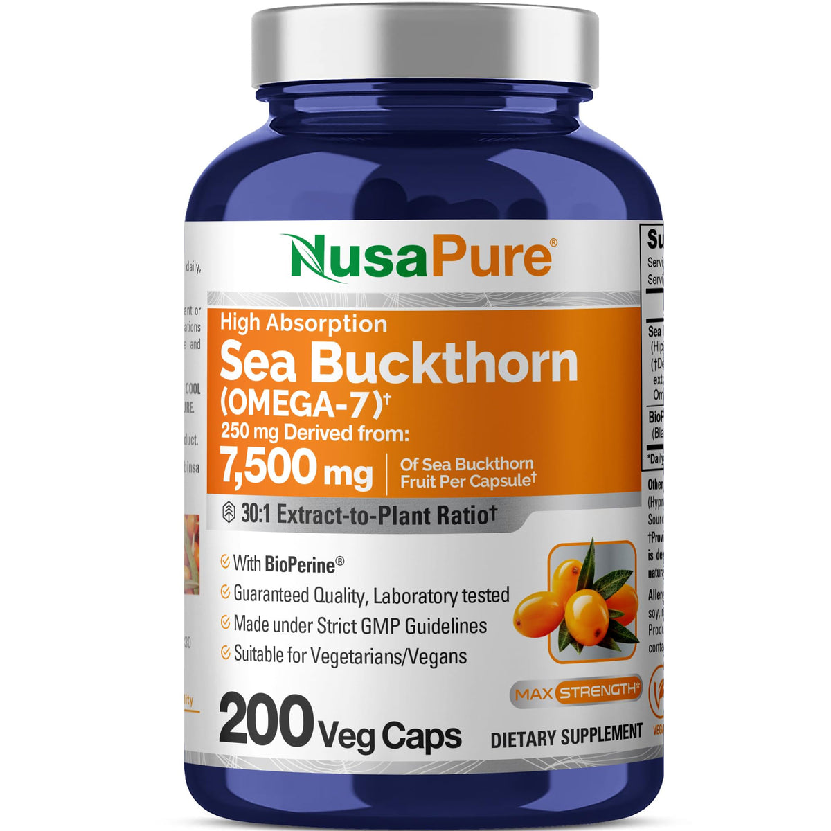 NusaPure Sea Buckthorn Omega-7 30:1 Extract, 250 mg Equivalent to 7,500mg per Veggie Caps - 200 Capsules - Non-GMO & Vegan NusaPureBuy Supplements Australia