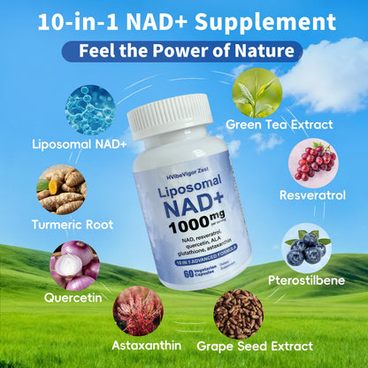 NAD Supplement 1000mg, Liposomal NAD+ Supplement with Resveratrol, Glutathione & Astaxanthin - Support Cellular Health, Stamina & Healthy Aging, NMN Supplement Alternative – 60 Capsules HVibeVigor ZestBuy Supplements Australia