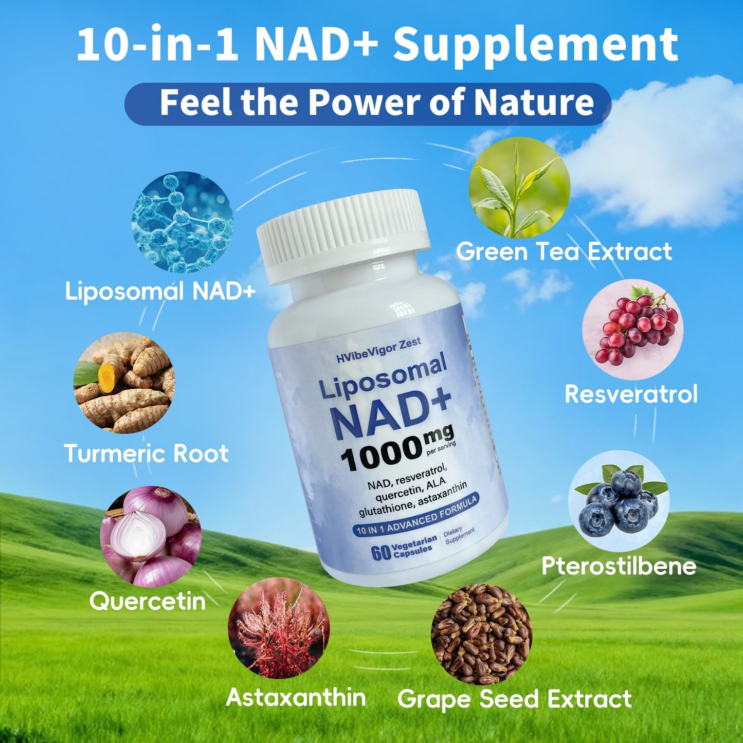 NAD Supplement 1000mg, Liposomal NAD+ Supplement with Resveratrol, Glutathione & Astaxanthin - Support Cellular Health, Stamina & Healthy Aging, NMN Supplement Alternative – 60 Capsules HVibeVigor ZestBuy Supplements Australia