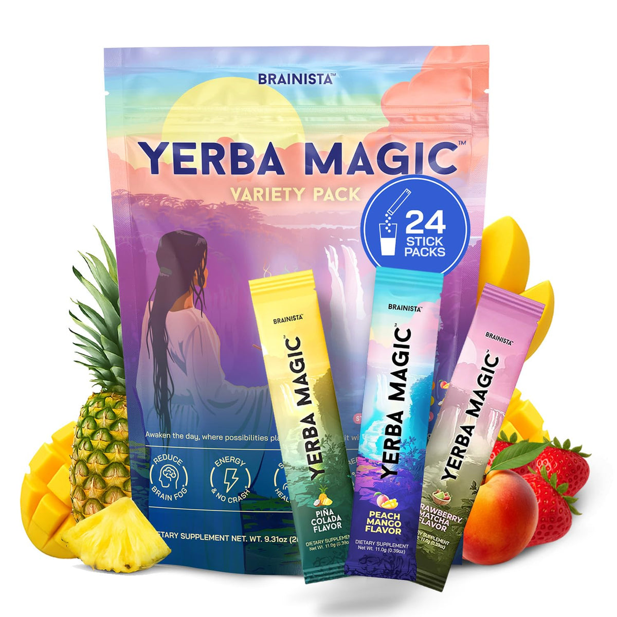 Yerba Magic Instant Yerba Mate Powder Packets – Clean Energy & Focus Drink Mix for Gut Health – Nootropic Blend with Lion’s Mane, L-Theanine, Prebiotics & Probiotics – Low Sugar Natural Caffeine – Variety Pack, 24 Sticks BrainistaBuy Supplements Australia