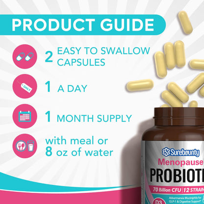 Surebounty Menopause Probiotic Supplement for Women, 70 Billion CFU, with Akkermansia Muciniphila, Vitamins B6 & D3, Botanicals, for Hormone Balance, Hot Flashes, Night Sweats, Gut Health, 60 Capsules SurebountyBuy Supplements Australia