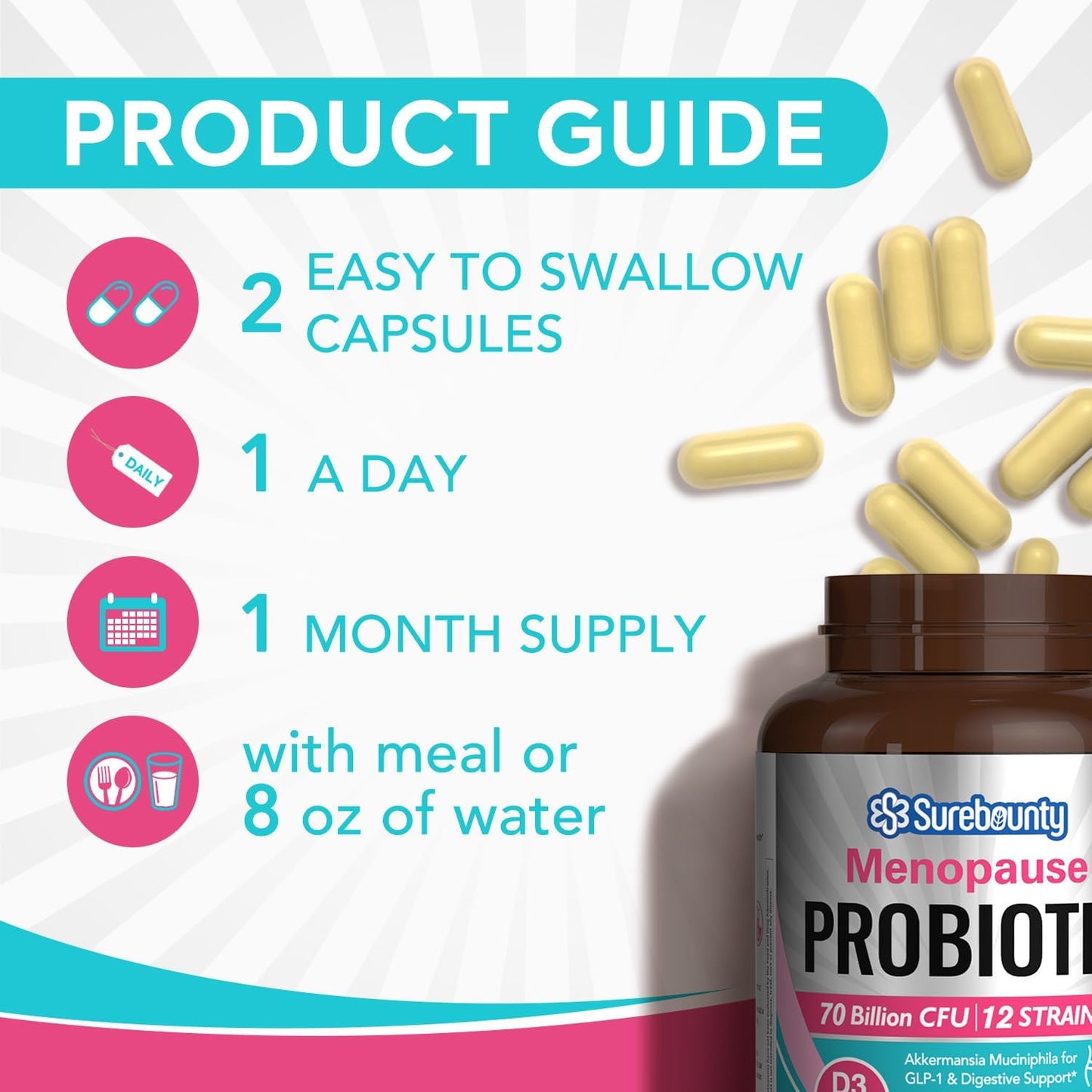Surebounty Menopause Probiotic Supplement for Women, 70 Billion CFU, with Akkermansia Muciniphila, Vitamins B6 & D3, Botanicals, for Hormone Balance, Hot Flashes, Night Sweats, Gut Health, 60 Capsules SurebountyBuy Supplements Australia