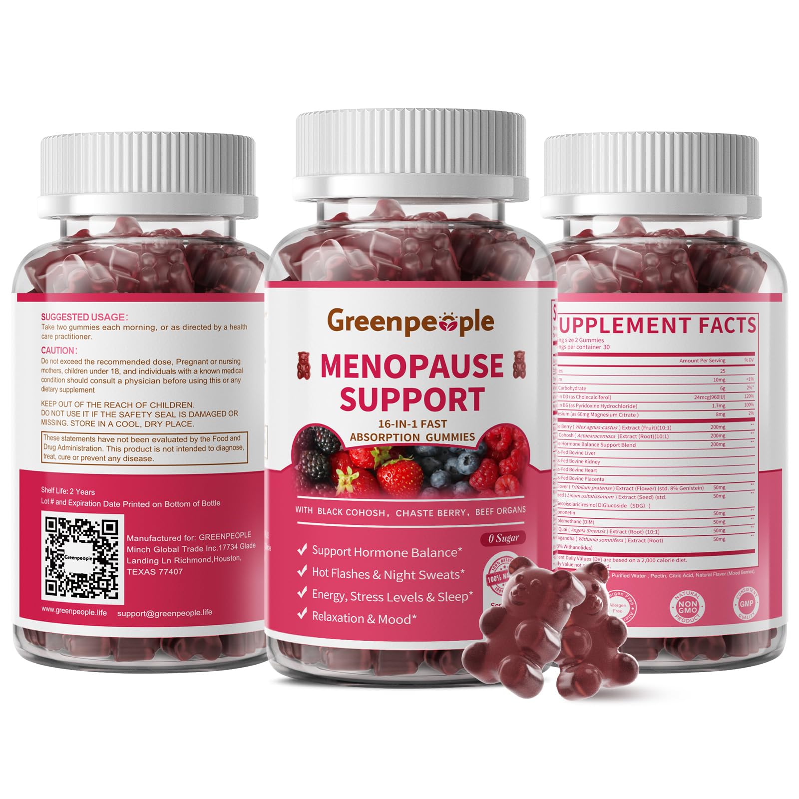 GREENPEOPLE Menopause Supplements for Women Gummies - 16-in-1 Dual Action Menopause Relief W/Black Cohosh, Vitex, Beef Organs for Hormone Balance, Hot Flashes, Night Sweats & Mood, Sugar-Free 60 CT GREENPEOPLEBuy Supplements Australia