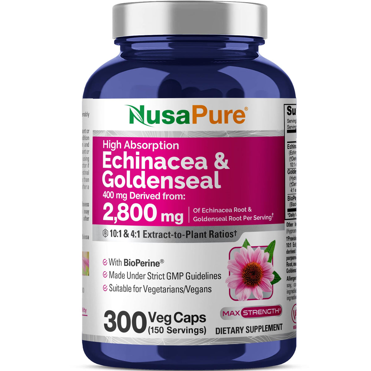 NusaPure Echinacea Goldenseal 200mg, (Extract 10:1, Equivalent to 2,000mg), 200mg, (Extract 4:1, Equivalent to 800mg) - 2800mg 300 Veggie Caps (Vegetarian, Non-GMO, Vegan) NusaPureBuy Supplements Australia