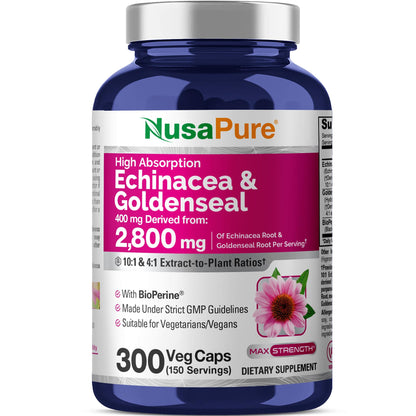 NusaPure Echinacea Goldenseal 200mg, (Extract 10:1, Equivalent to 2,000mg), 200mg, (Extract 4:1, Equivalent to 800mg) - 2800mg 300 Veggie Caps (Vegetarian, Non-GMO, Vegan) NusaPureBuy Supplements Australia