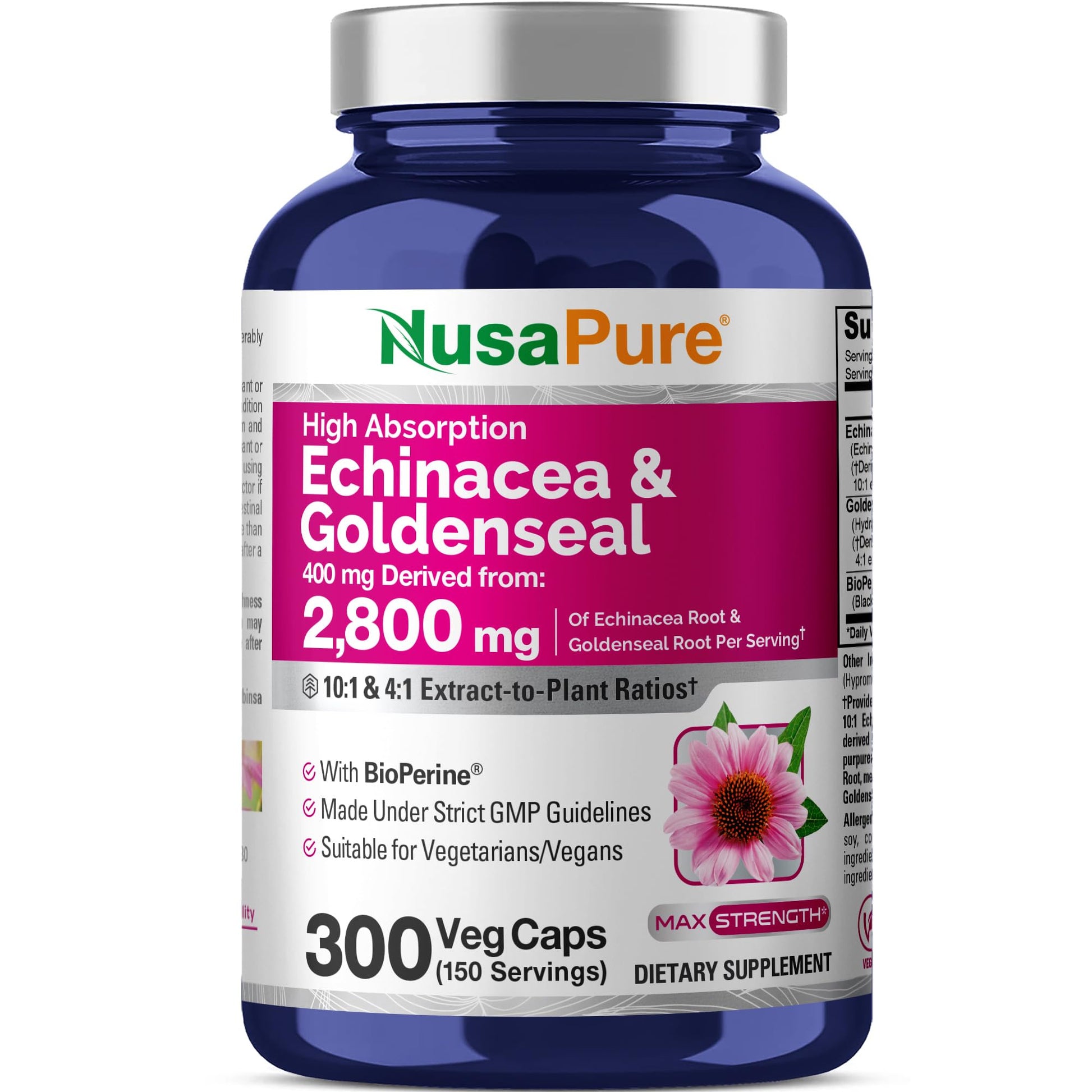 NusaPure Echinacea Goldenseal 200mg, (Extract 10:1, Equivalent to 2,000mg), 200mg, (Extract 4:1, Equivalent to 800mg) - 2800mg 300 Veggie Caps (Vegetarian, Non-GMO, Vegan) NusaPureBuy Supplements Australia