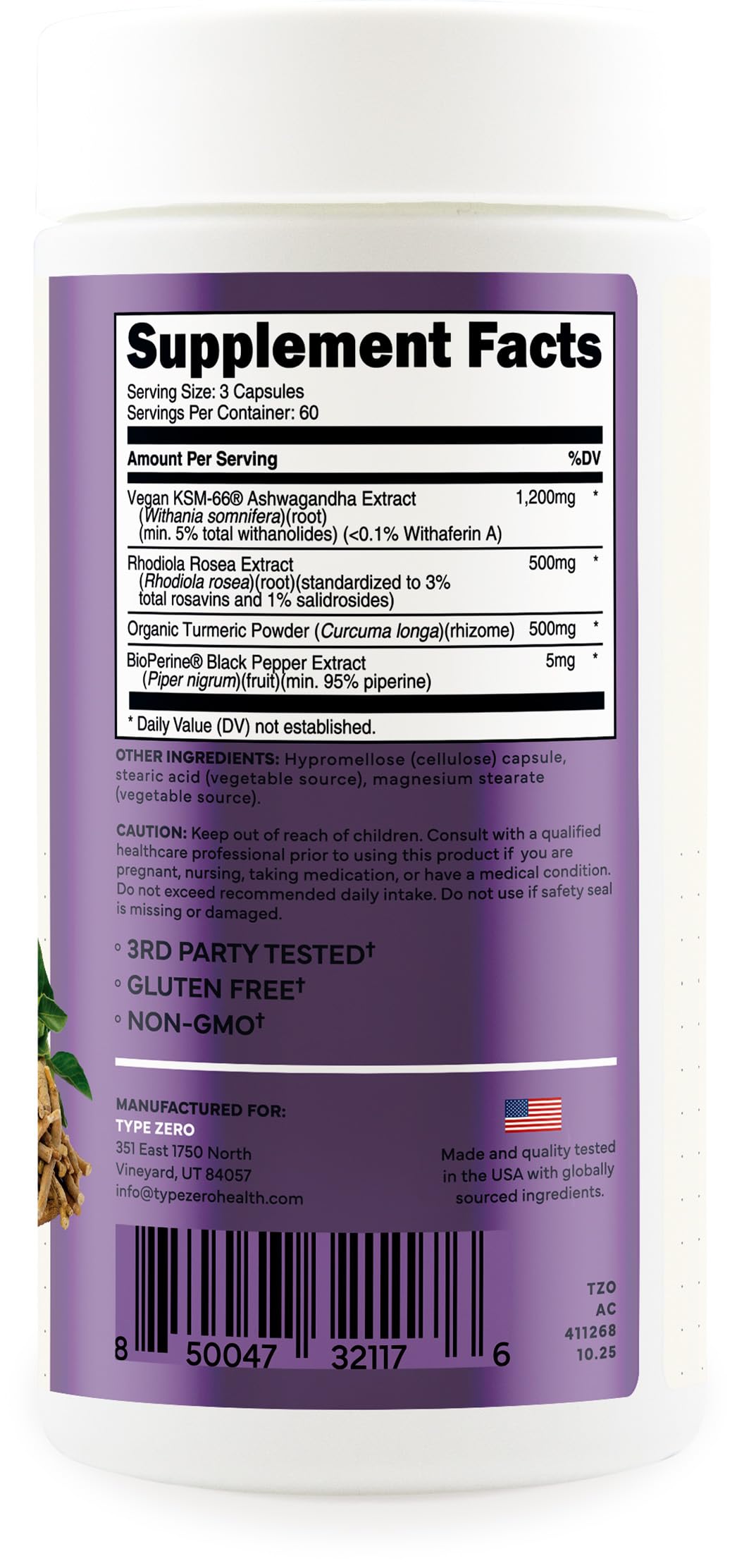 Type Zero KSM-66 Ashwagandha Root Extract 1,200mg, 60 Servings - High Potency 5% Withanolides - with Turmeric, Rhodiola Rosea and BioPerine Black Pepper Extract - 180 Veggie Caps Type ZeroBuy Supplements Australia