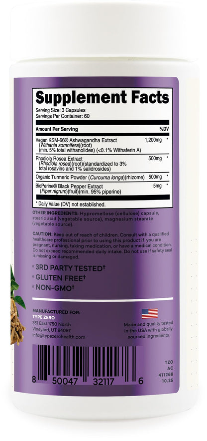 Type Zero KSM-66 Ashwagandha Root Extract 1,200mg, 60 Servings - High Potency 5% Withanolides - with Turmeric, Rhodiola Rosea and BioPerine Black Pepper Extract - 180 Veggie Caps Type ZeroBuy Supplements Australia