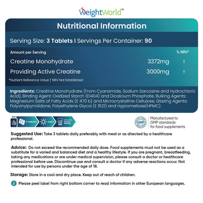 Creatine Monohydrate 3000mg - 270 Tablets - Gym Energy Supplement for Men & Women WeightWorldBuy Supplements Australia